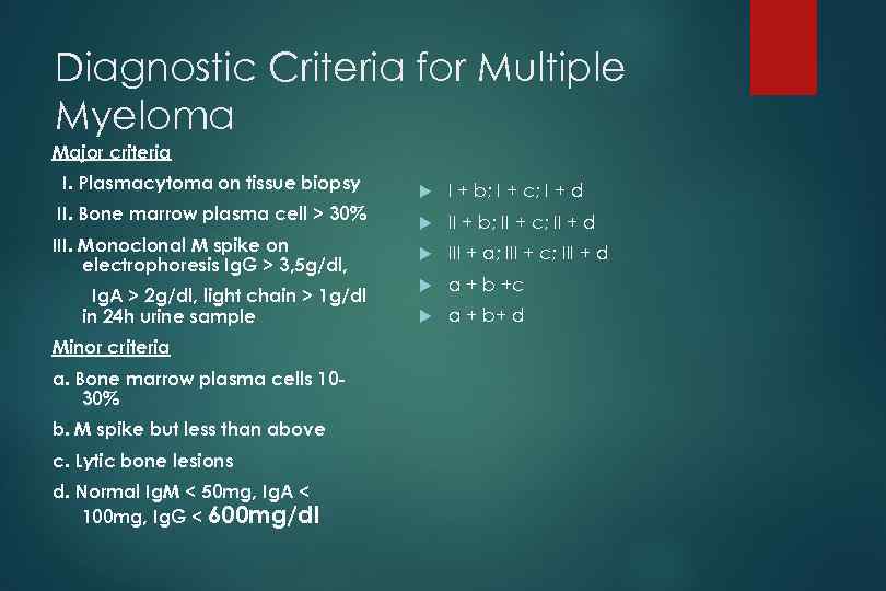 Diagnostic Criteria for Multiple Myeloma Major criteria I. Plasmacytoma on tissue biopsy I +