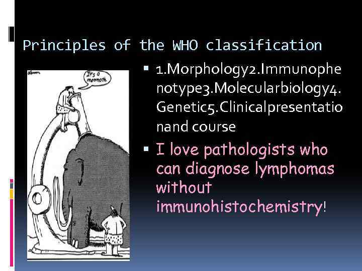 Principles of the WHO classification 1. Morphology 2. Immunophe notype 3. Molecularbiology 4. Genetic