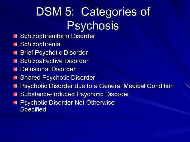 DSM 5: Categories of Psychosis Schizophreniform Disorder Schizophrenia Brief Psychotic Disorder Schizoaffective Disorder Delusional