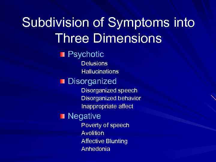 Subdivision of Symptoms into Three Dimensions Psychotic Delusions Hallucinations Disorganized speech Disorganized behavior Inappropriate