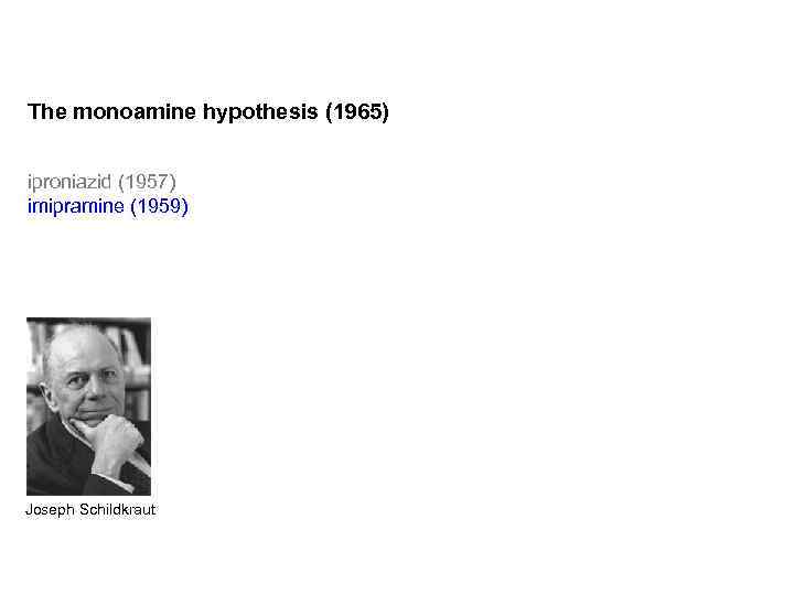 The monoamine hypothesis (1965) iproniazid (1957) imipramine (1959) Joseph Schildkraut Belmaker RH and Agam