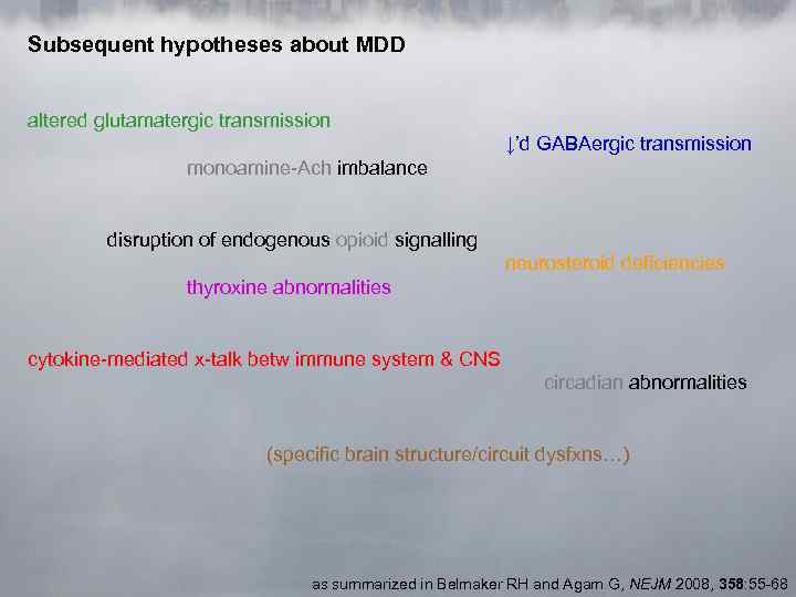 Subsequent hypotheses about MDD altered glutamatergic transmission ↓’d GABAergic transmission monoamine-Ach imbalance disruption of
