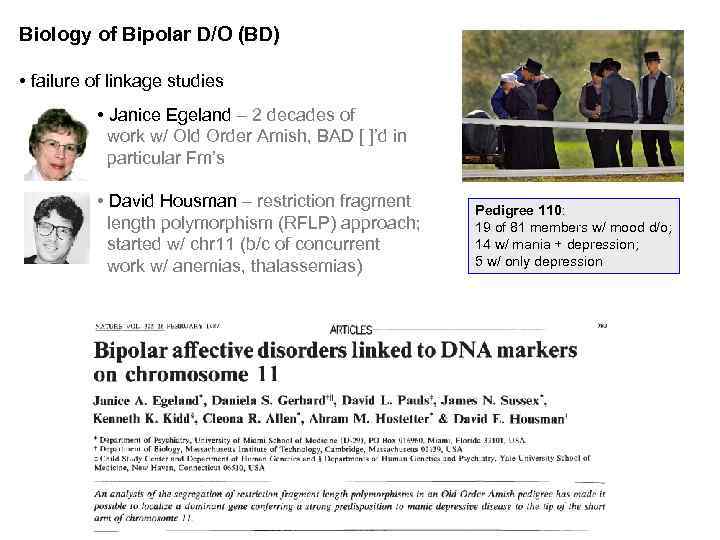 Biology of Bipolar D/O (BD) • failure of linkage studies • Janice Egeland –
