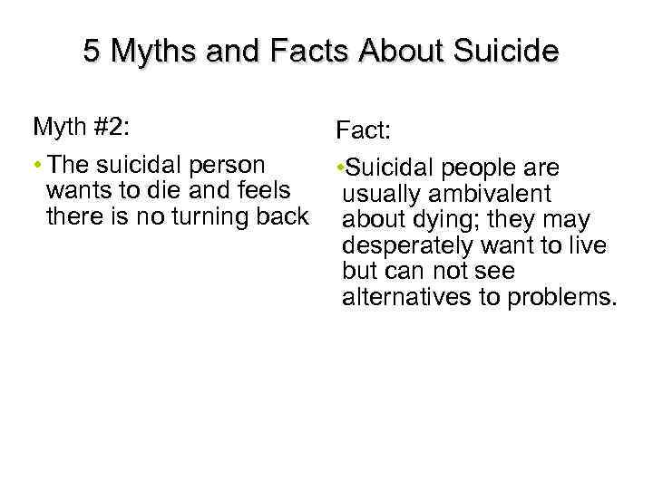 5 Myths and Facts About Suicide Myth #2: • The suicidal person wants to