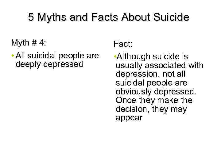 5 Myths and Facts About Suicide Myth # 4: • All suicidal people are