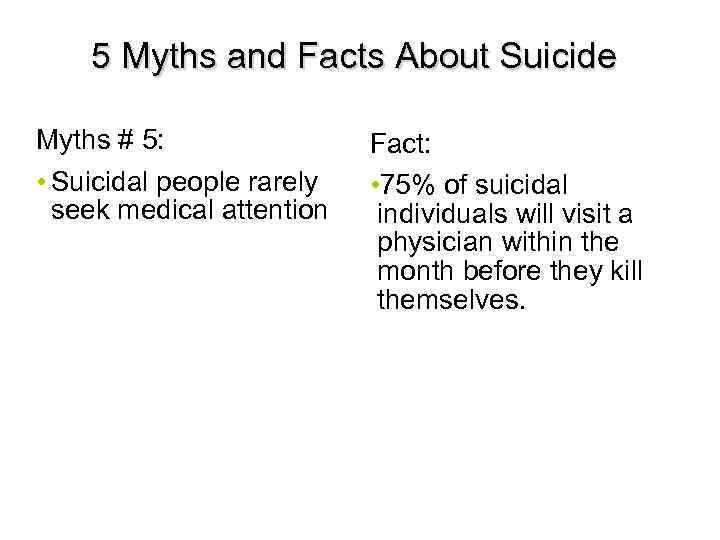 5 Myths and Facts About Suicide Myths # 5: • Suicidal people rarely seek