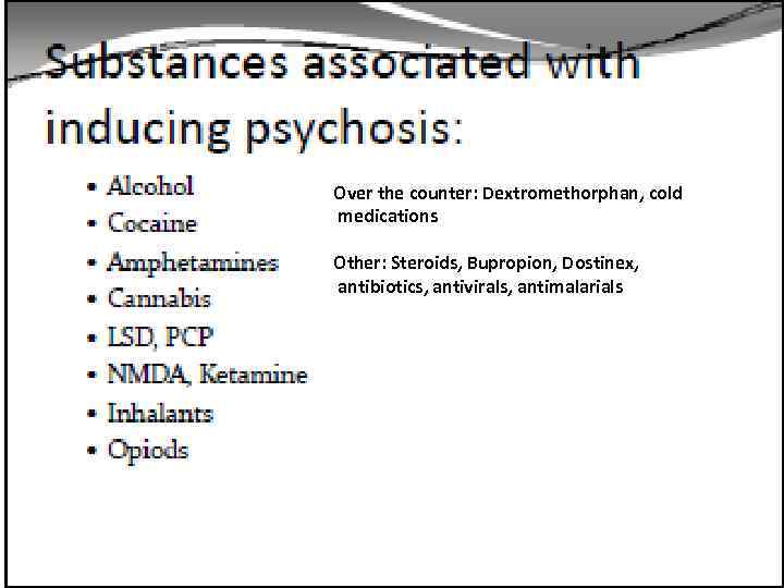 Over the counter: Dextromethorphan, cold medications Other: Steroids, Bupropion, Dostinex, antibiotics, antivirals, antimalarials 