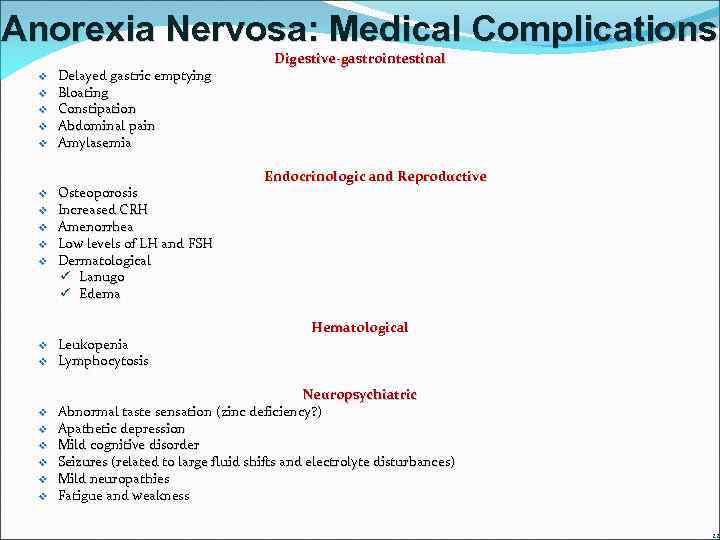 Anorexia Nervosa: Medical Complications v v v v v Delayed gastric emptying Bloating Constipation