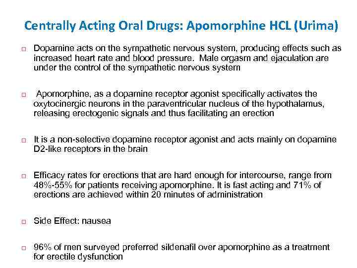 Centrally Acting Oral Drugs: Apomorphine HCL (Urima) Dopamine acts on the sympathetic nervous system,