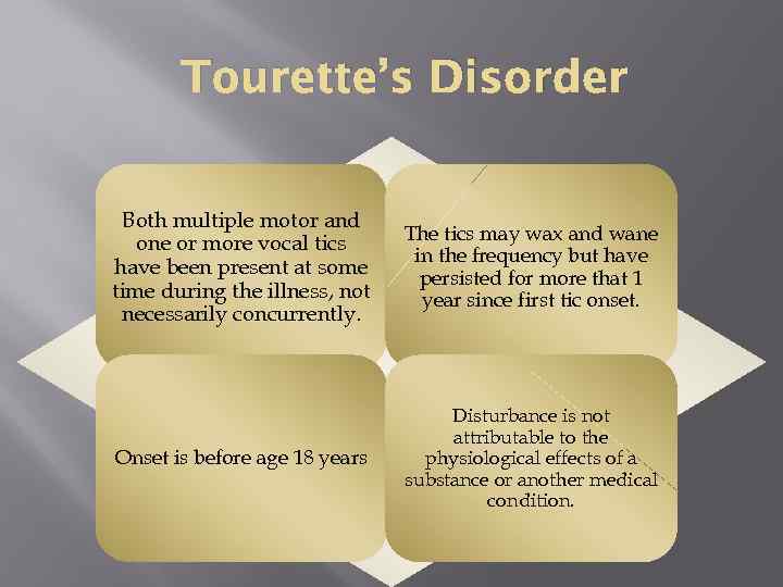 Tourette’s Disorder Both multiple motor and one or more vocal tics have been present