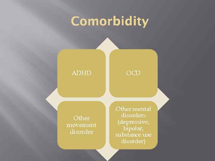 Comorbidity ADHD OCD Other movement disorder Other mental disorders (depressive, bipolar, substance use disorder)