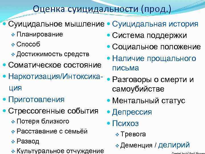Оценка суицидальности (прод. ) Суицидальное мышление Суицидальная история v Планирование Система поддержки v Способ