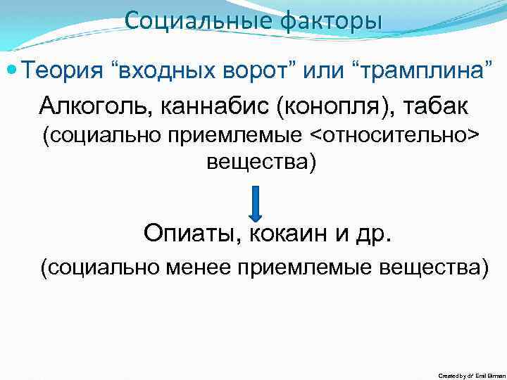 Социальные факторы Теория “входных ворот” или “трамплина” Алкоголь, каннабис (конопля), табак (социально приемлемые <относительно>