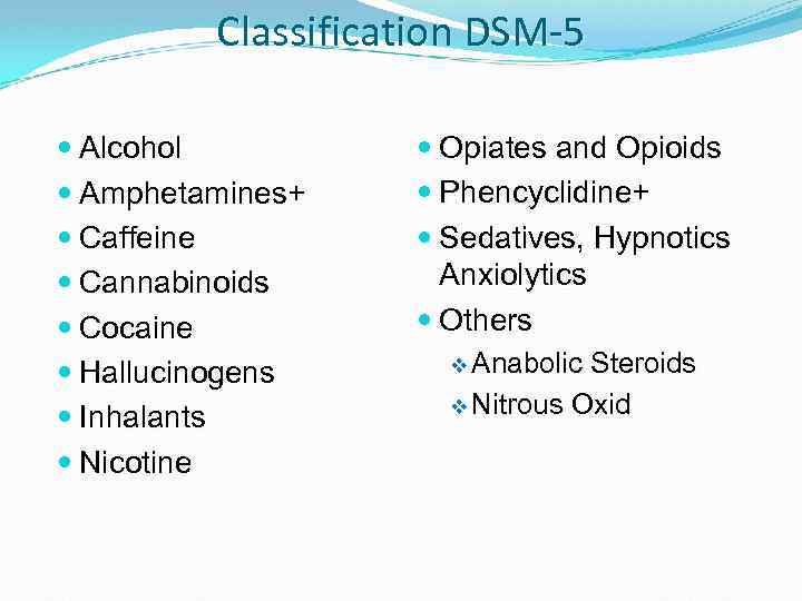 Classification DSM-5 Alcohol Amphetamines+ Caffeine Cannabinoids Cocaine Hallucinogens Inhalants Nicotine Opiates and Opioids Phencyclidine+