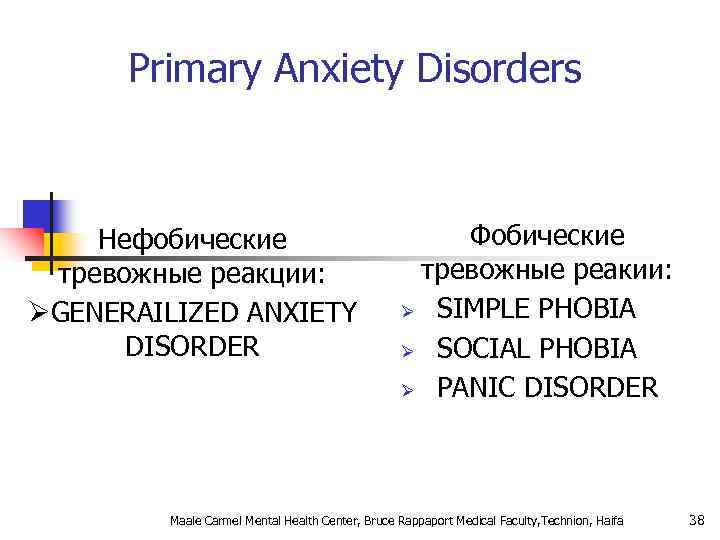 Primary Anxiety Disorders Нефобические тревожные реакции: ØGENERAILIZED ANXIETY DISORDER Фобические тревожные реакии: Ø SIMPLE