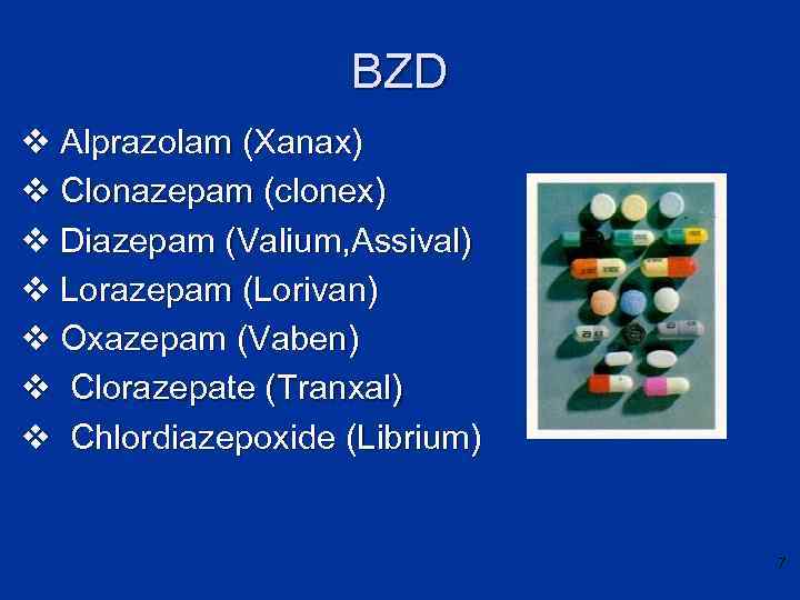 BZD v Alprazolam (Xanax) v Clonazepam (clonex) v Diazepam (Valium, Assival) v Lorazepam (Lorivan)