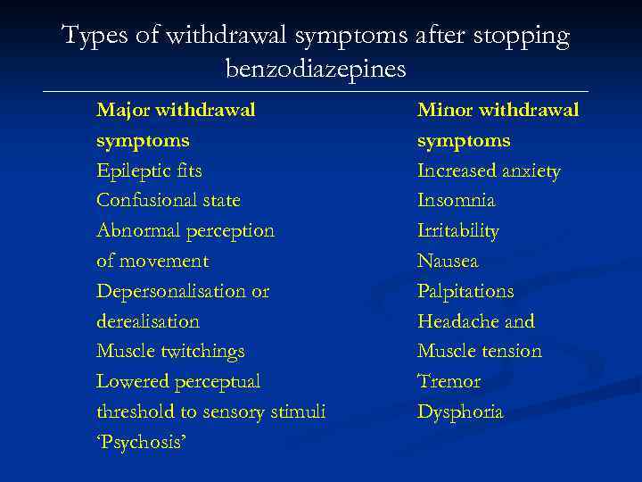 Types of withdrawal symptoms after stopping benzodiazepines Major withdrawal symptoms Epileptic fits Confusional state