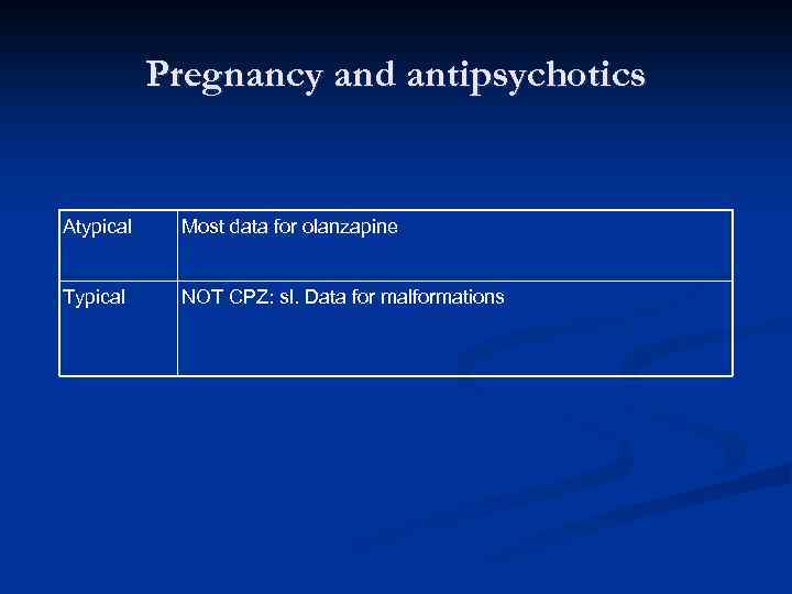 Pregnancy and antipsychotics Atypical Most data for olanzapine Typical NOT CPZ: sl. Data for