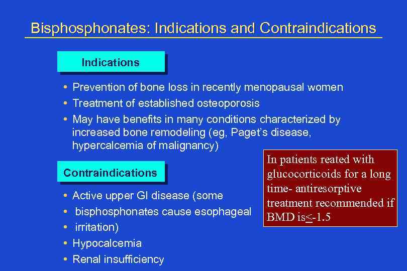 Bisphonates: Indications and Contraindications Indications • Prevention of bone loss in recently menopausal women
