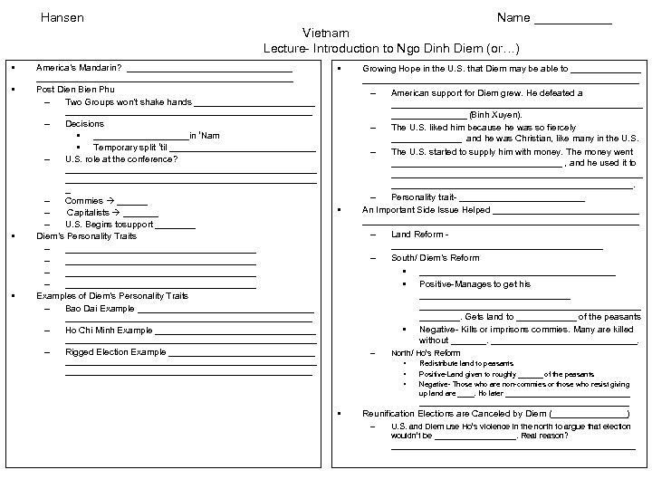 Hansen Name ______ Vietnam Lecture- Introduction to Ngo Dinh Diem (or…) • • America’s