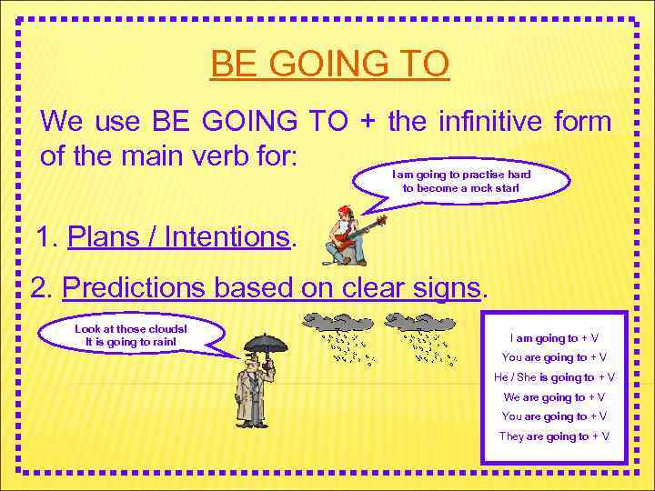 BE GOING TO We use BE GOING TO + the infinitive form of the