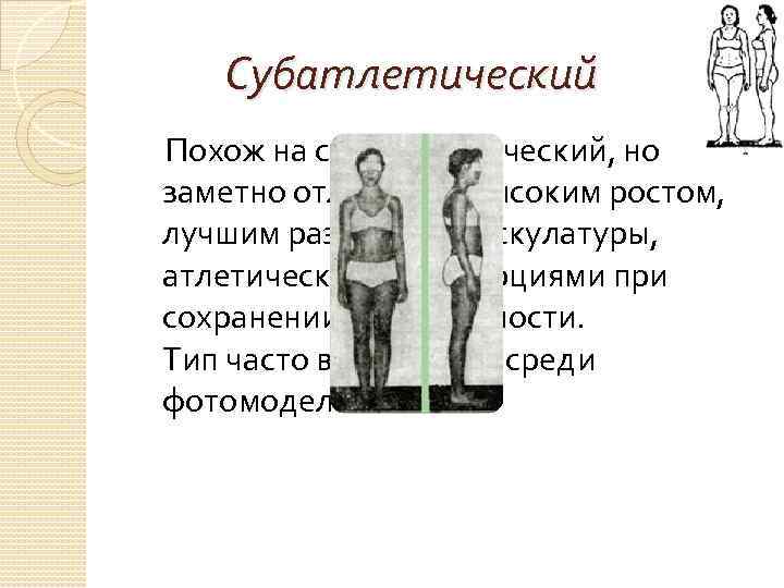  Субатлетический Похож на стенопластический, но заметно отличается высоким ростом, лучшим развитием мускулатуры, атлетическими