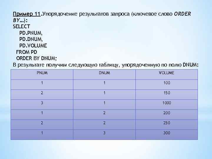 Пример 11. Упорядочение результатов запроса (ключевое слово ORDER BY…): SELECT PD. PNUM, PD. DNUM,