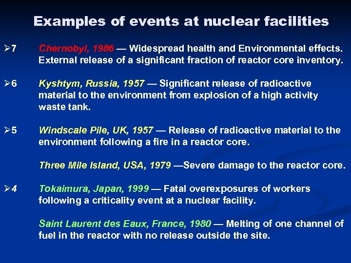 Examples of events at nuclear facilities Ø 7 Chernobyl, 1986 — Widespread health and