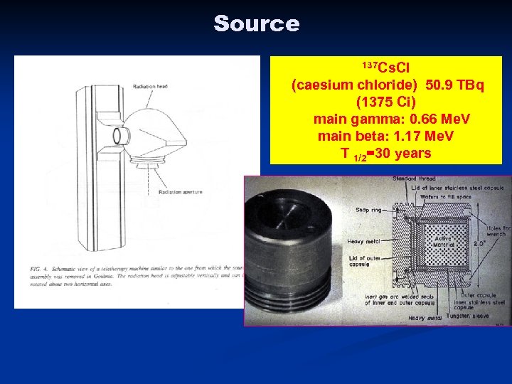 Source 137 Cs. Cl (caesium chloride) 50. 9 TBq (1375 Ci) main gamma: 0.