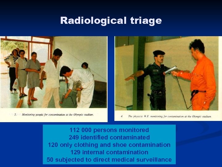 Radiological triage 112 000 persons monitored 249 identified contaminated 120 only clothing and shoe