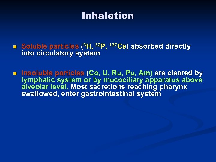 Inhalation n Soluble particles (3 H, 32 P, 137 Cs) absorbed directly into circulatory