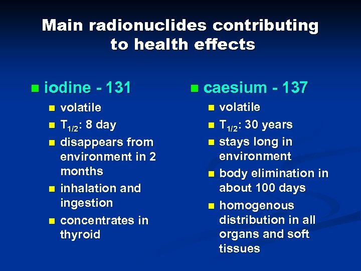 Main radionuclides contributing to health effects n iodine - 131 n n n volatile