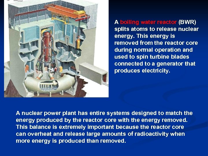 A boiling water reactor (BWR) splits atoms to release nuclear energy. This energy is