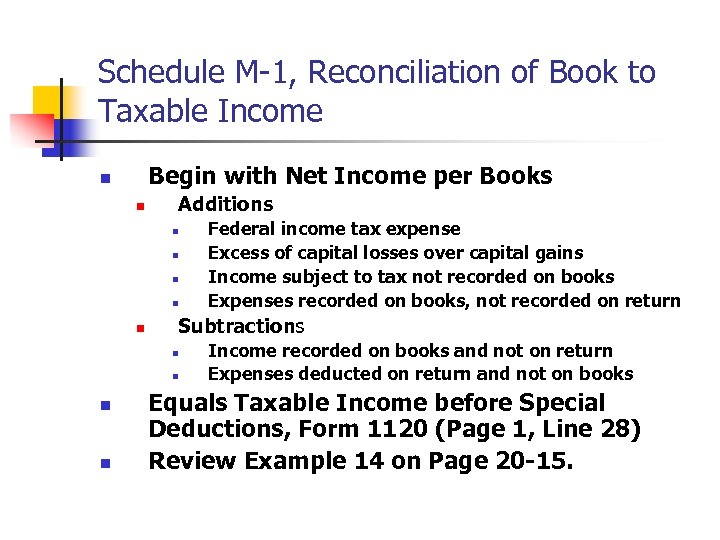 Schedule M-1, Reconciliation of Book to Taxable Income Begin with Net Income per Books