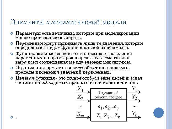 Математический параметр. Параметры математической модели. Элементы математического моделирования. Основные параметры математических моделей.. Базовыми элементами математической модели.