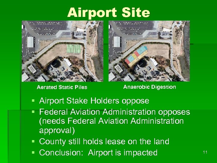 Airport Site Aerated Static Piles Anaerobic Digestion § Airport Stake Holders oppose § Federal