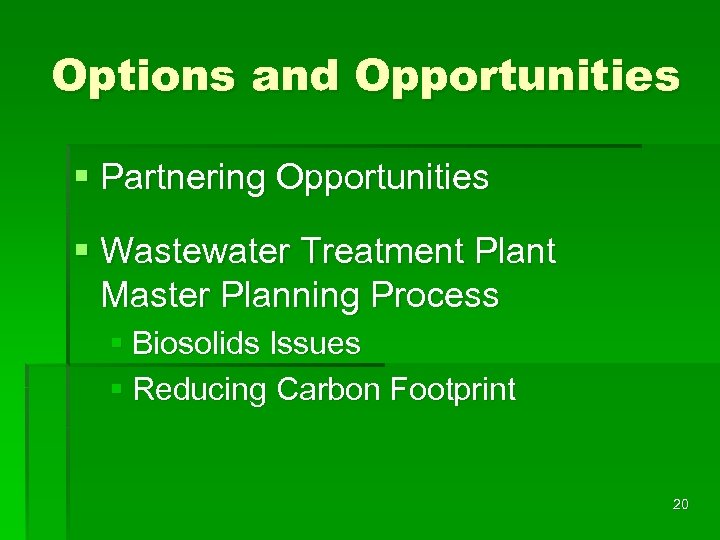 Options and Opportunities § Partnering Opportunities § Wastewater Treatment Plant Master Planning Process §