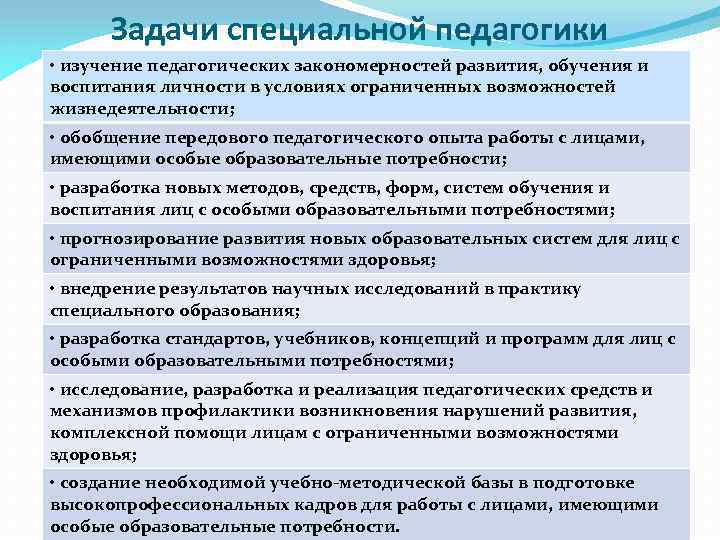 Задачи специальной педагогики • изучение педагогических закономерностей развития, обучения и воспитания личности в условиях