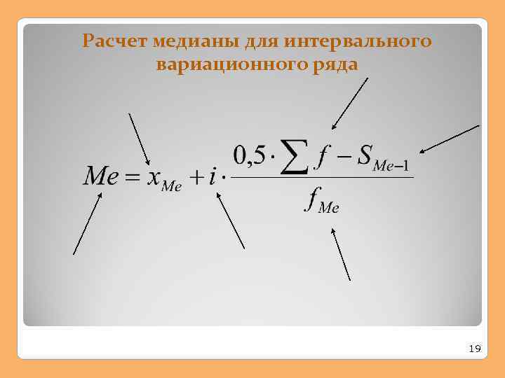 Расчет медианы для интервального вариационного ряда 19 