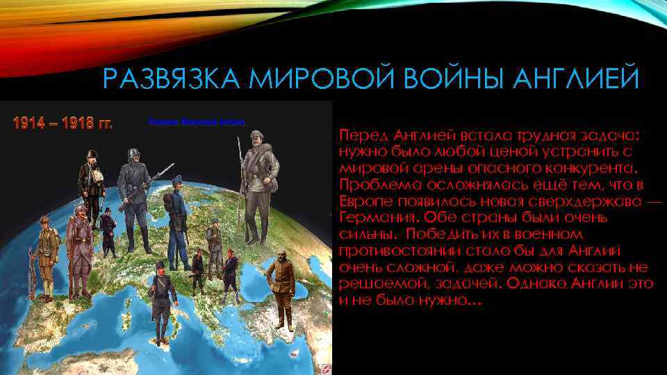 РАЗВЯЗКА МИРОВОЙ ВОЙНЫ АНГЛИЕЙ • Перед Англией встала трудная задача: нужно было любой ценой