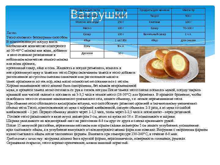 Ватрушки Продукты для теста Масса Бр Продукты для начинки Масса Бр Пшеничная мука 400