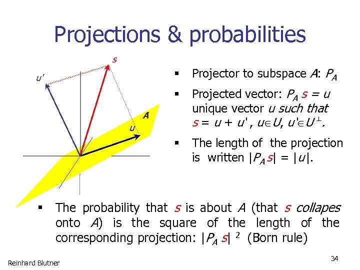 Projections & probabilities s § Projector to subspace A: PA § Projected vector: PA