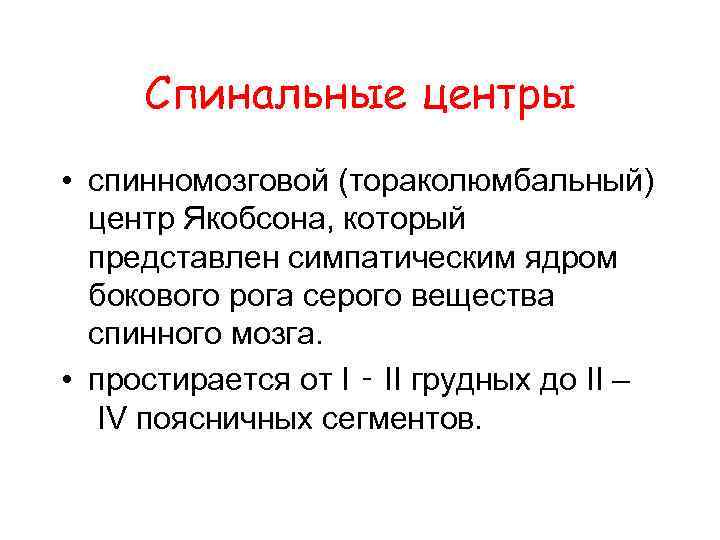 Спинальные центры • спинномозговой (тораколюмбальный) центр Якобсона, который представлен симпатическим ядром бокового рога серого