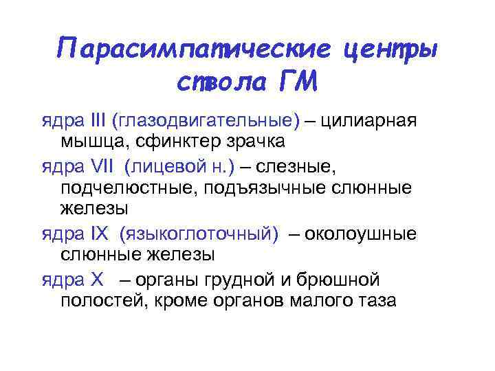 Парасимпатические центры ствола ГМ ядра III (глазодвигательные) – цилиарная мышца, сфинктер зрачка ядра VII