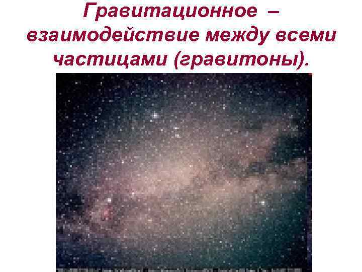 Гравитационное – взаимодействие между всеми частицами (гравитоны). 