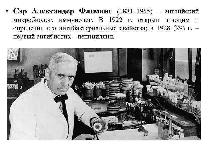  • Сэр Александер Флеминг (1881– 1955) – английский микробиолог, иммунолог. В 1922 г.