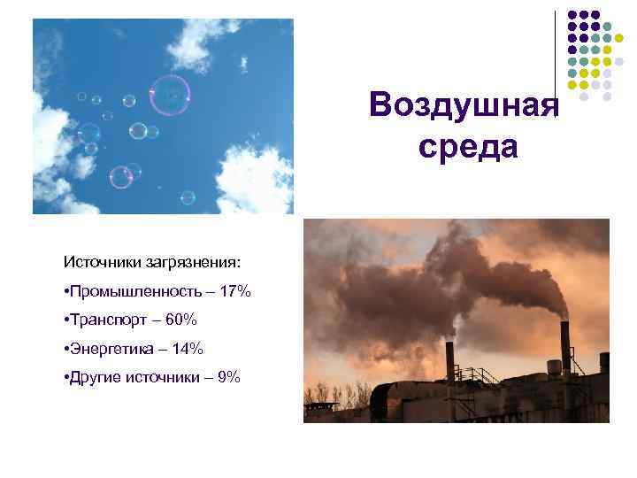 Воздушная среда Источники загрязнения: • Промышленность – 17% • Транспорт – 60% • Энергетика
