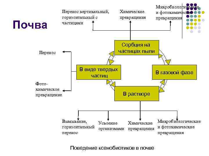 Почва Перенос вертикальный, горизонтальный с частицами Химические превращения Сорбция на частицах пыли Перенос В