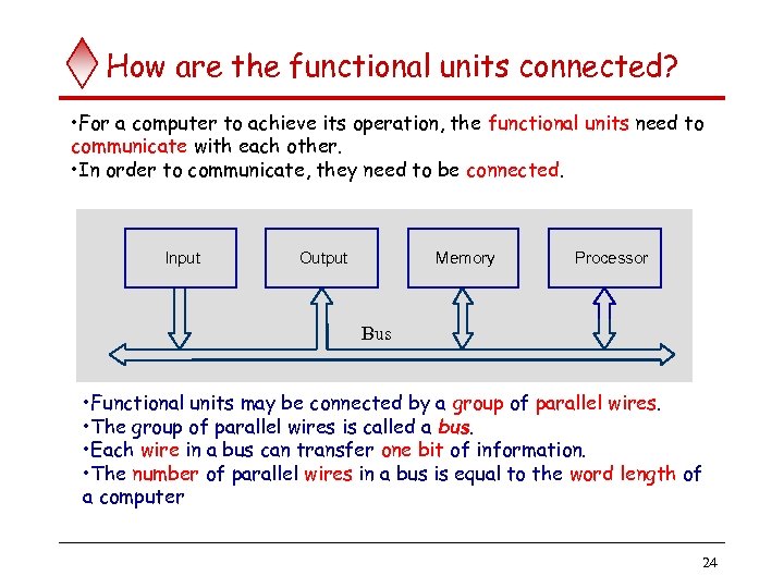 How are the functional units connected? • For a computer to achieve its operation,