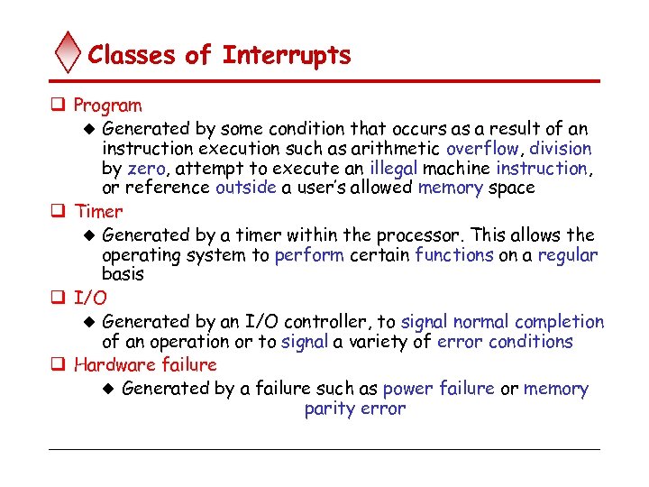 Classes of Interrupts q Program u Generated by some condition that occurs as a